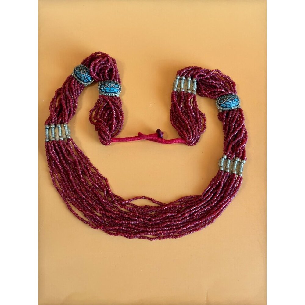Tibetan Multi Strand Bamboo Coral Bead w/Turquoise Mosaic Inlaid Accent Necklace - Picture 3 of 8